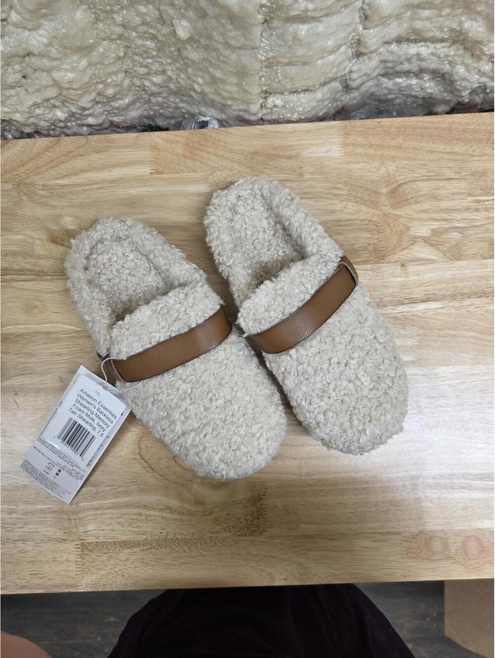 AMAZON ESSENTIALS BACKLESS SHEARLING MEMORY FOAM MULE IVORY TAN WOMEN’S 7.5